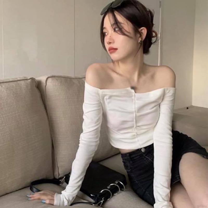 Áo trễ vai tay dài croptop nữ thun ôm sát body co dãn trắng - Order taobao quảng châu