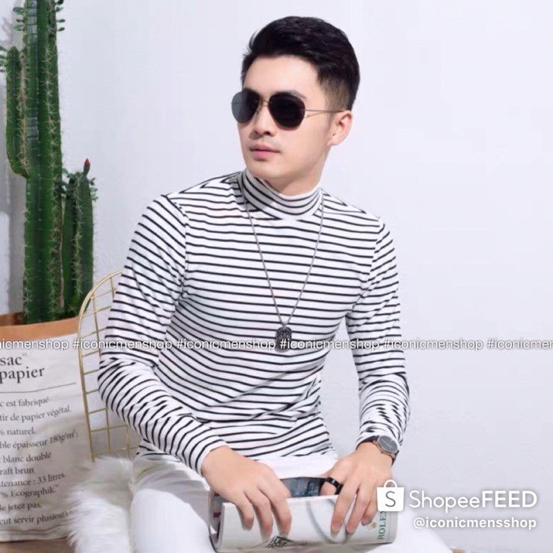 Áo thun sọc dài tay form body cổ trụ