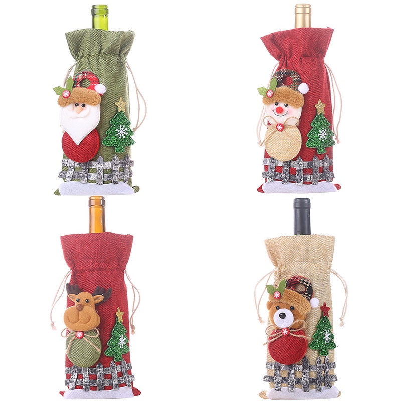 1 vỏ bọc chai rượu vang rút dây bằng vải lanh hình ông già noel trang trí bàn ăn giáng sinh
