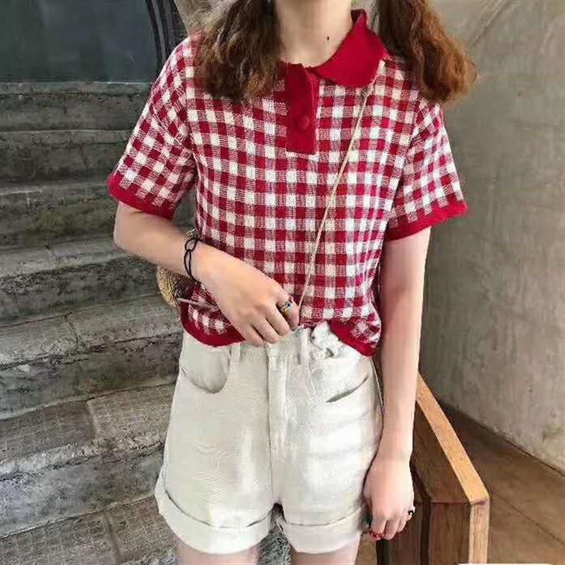 Áo sweater dệt kim XINLANYASHE ngắn tay dáng rộng kẻ sọc màu tương phản phong cách phương Tây cho học sinh