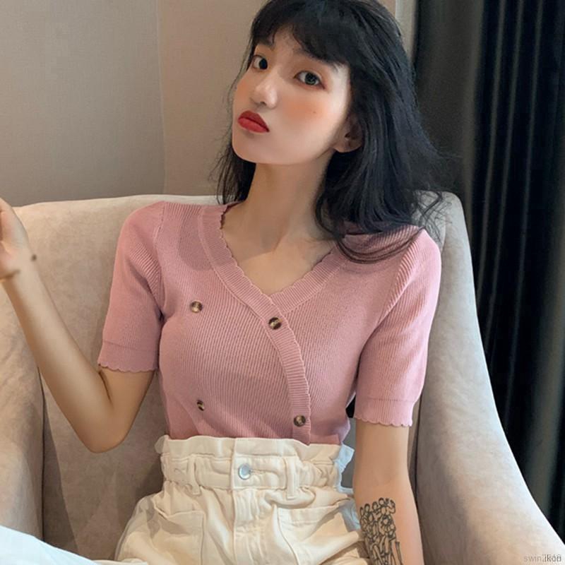 Áo Croptop Dệt Kim Tay Ngắn Thiết Kế Cổ Chữ V Quyến Rũ