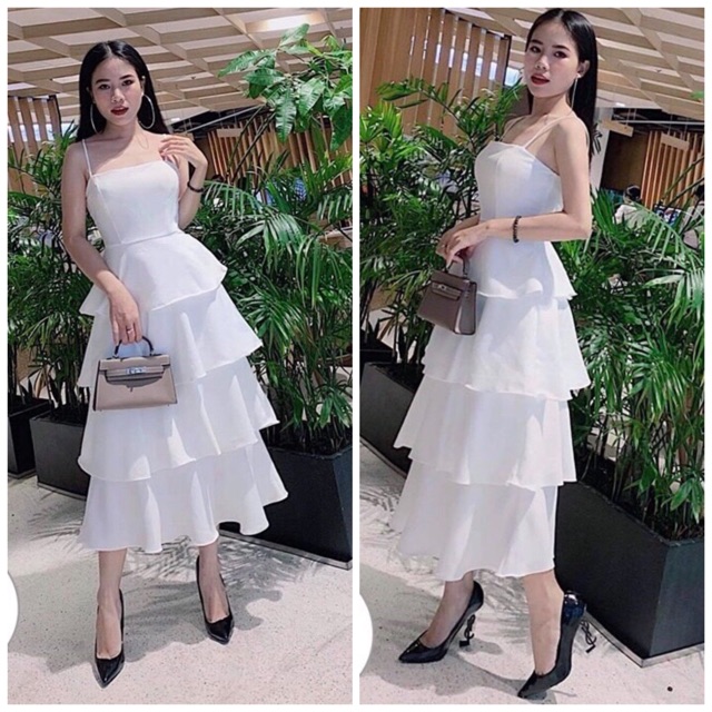 Đầm váy đi tiệc maxi trắng 4 tầng