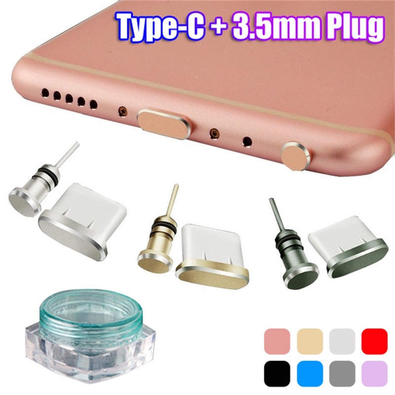 Phone Metal Anti Dust Plug+3.5mm Charger Dock Stopper Cap Port Cover For Type-C cable