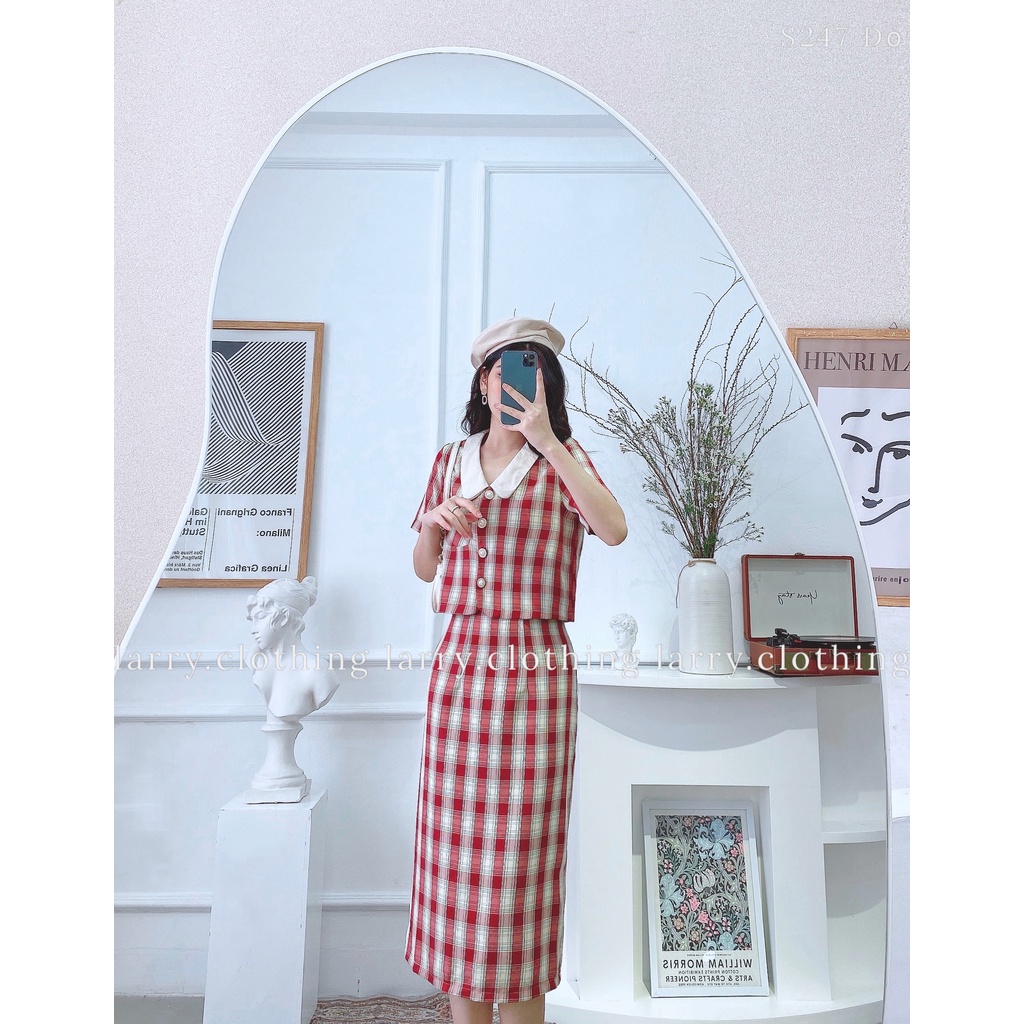 Set Áo Có Cổ Chân Váy Dài Kẻ Caro Phong Cách Hàn Quốc Đi Làm Cực Thanh Lịch S247 | BigBuy360 - bigbuy360.vn