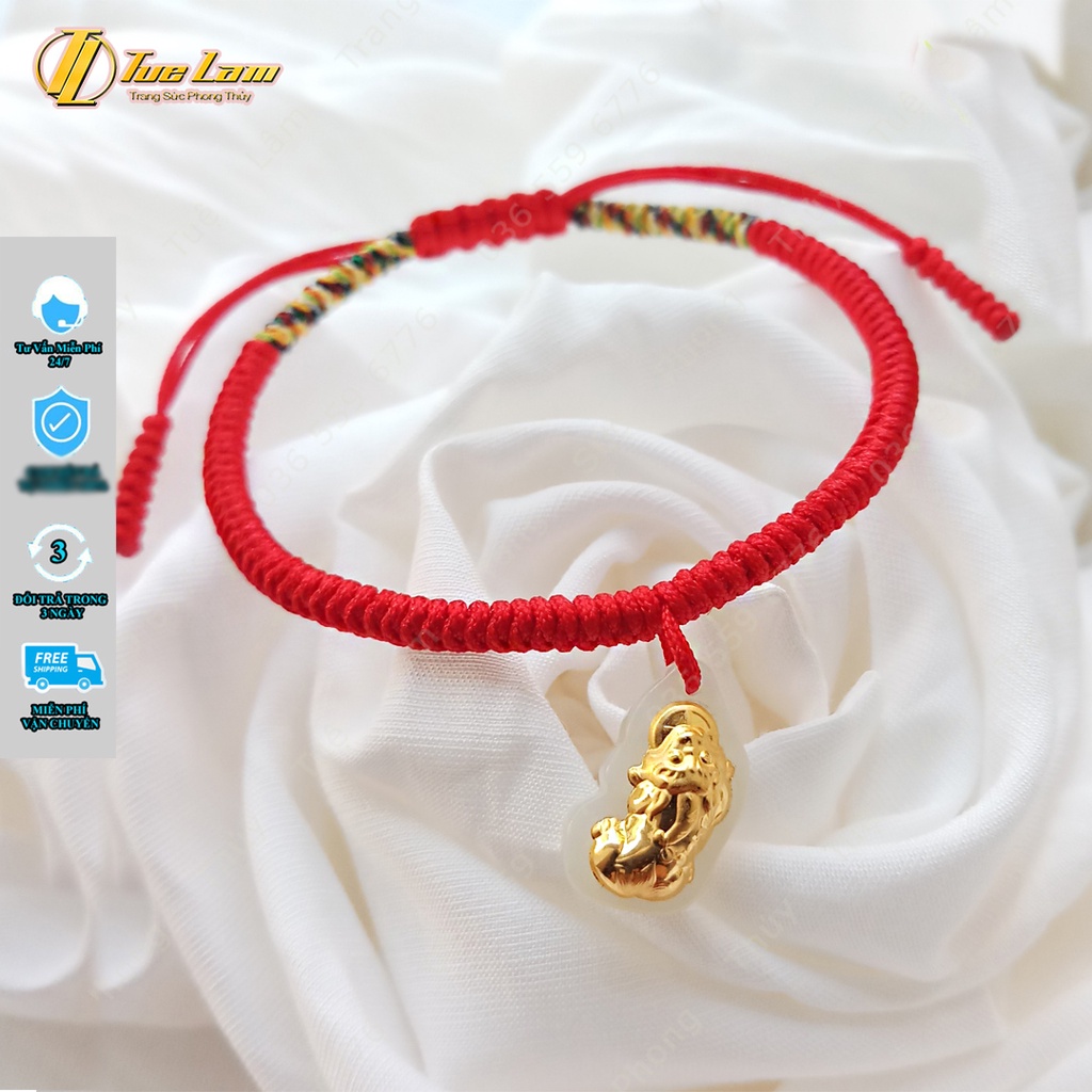 Vòng tay nữ chỉ đỏ may mắn bện tỳ hưu phỉ thúy bạc mạ màu vàng tài lôc - Tuệ Lâm