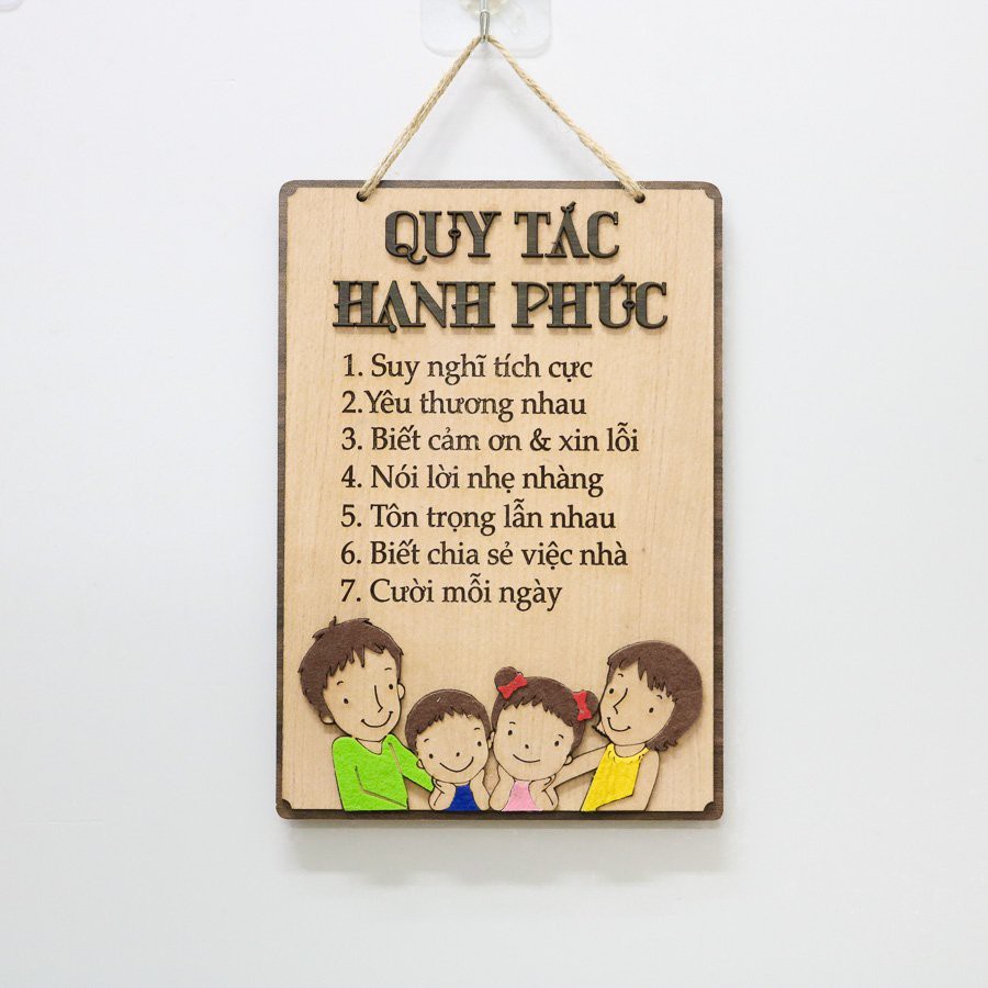 Bảng gỗ decor Qui tắc Hạnh Phúc treo tại gia đình, cửa hàng