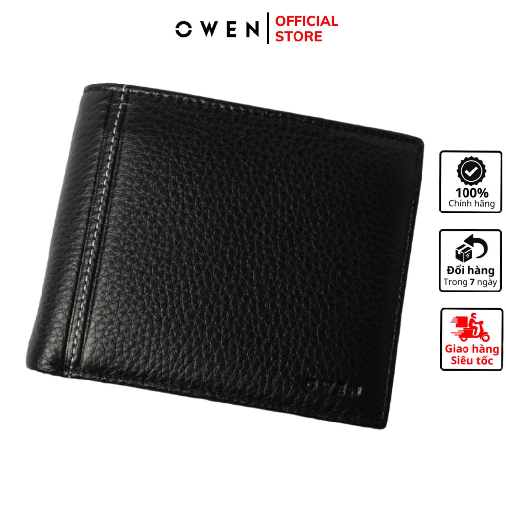 Ví da bò nam OWEN VID220609 kiểu bóp ngang đựng tiền đẹp nhỏ gọn chất liệu 100% da thật cao cấp màu đen