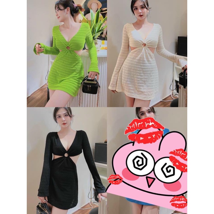 Đầm tay dài cổ tim kiểu khoen giữa khoét 2 bên eo cực xinh , chất thun gân mềm mịn mát