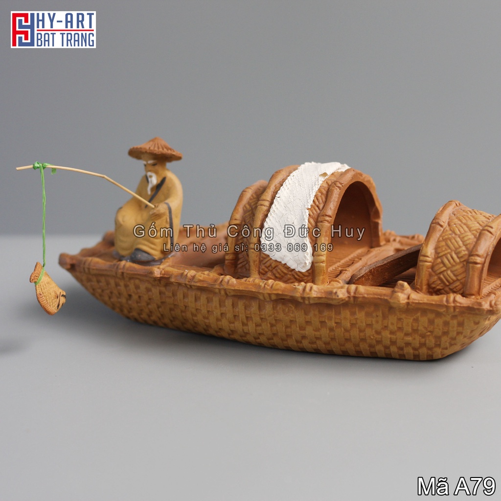 Tượng gốm ông già ngồi thuyền câu cá trang trí hòn non bộ chậu cây bonsai