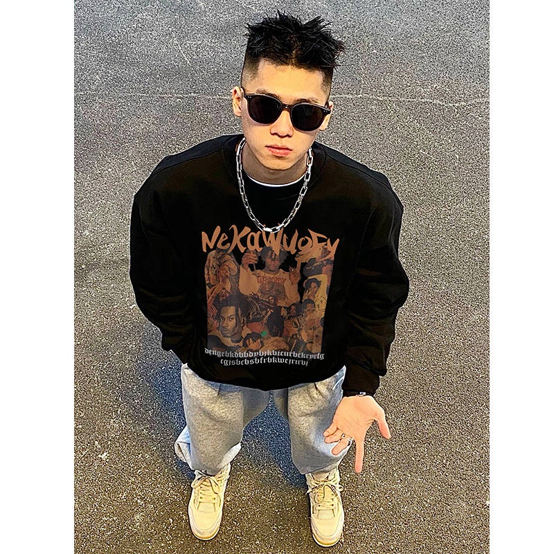 Áo thun dài tay nam in hình chân dung phong cách cổ điển Hip hop đường phố Âu Mỹ thời trang mùa thu