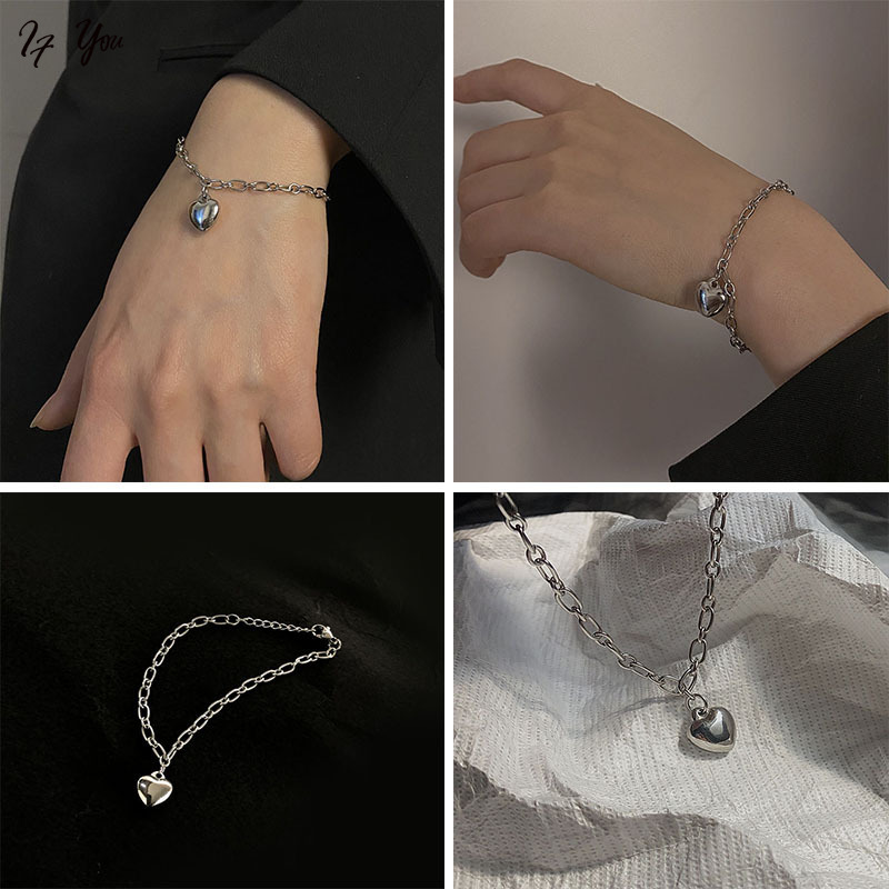 Vòng đeo tay kim loại mặt hình trái tim màu bạc phong cách retro Hàn Quốc thời trang làm quà tặng dành cho nữ