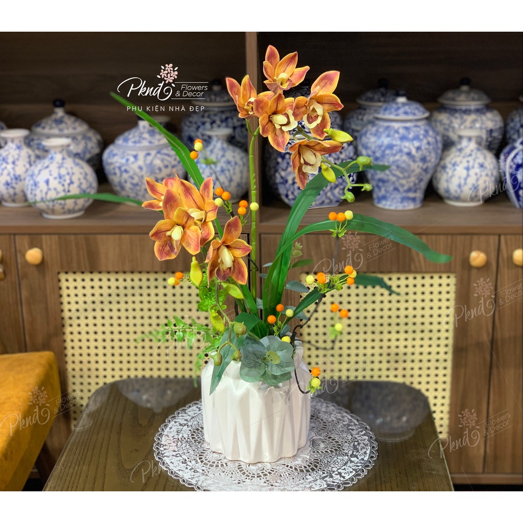 Chậu hoa lan hồ điệp giả để bàn đẹp PKND FLOWERS &amp; DECOR