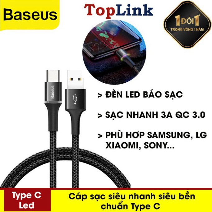 Cáp Sạc Nhanh 3A Baseus Halo Data Cable USB To Type-C Có Đèn LED Cho Samsung Xiaomi Redmi Note 10 - Thương Hiệu Baseus