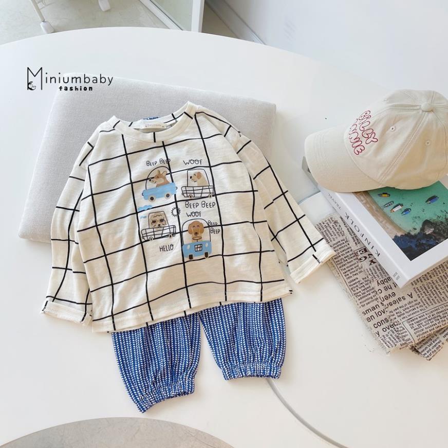 Bộ đồ dài tay quần dài thu đông chó đi ô tô, gà cho bé gái/trai chất liệu 100% cotton, quần áo trẻ em MiniumBaby-SB1315