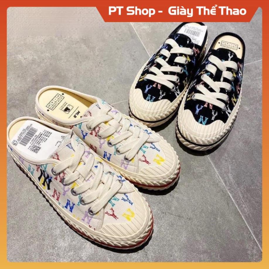 [FreeShip-Hàng Xịn] Giầy MLB NY đen và trắng đạp gót hót trend , Giày MLB sục đen trắng cao cấp full phụ kiện Sneaker