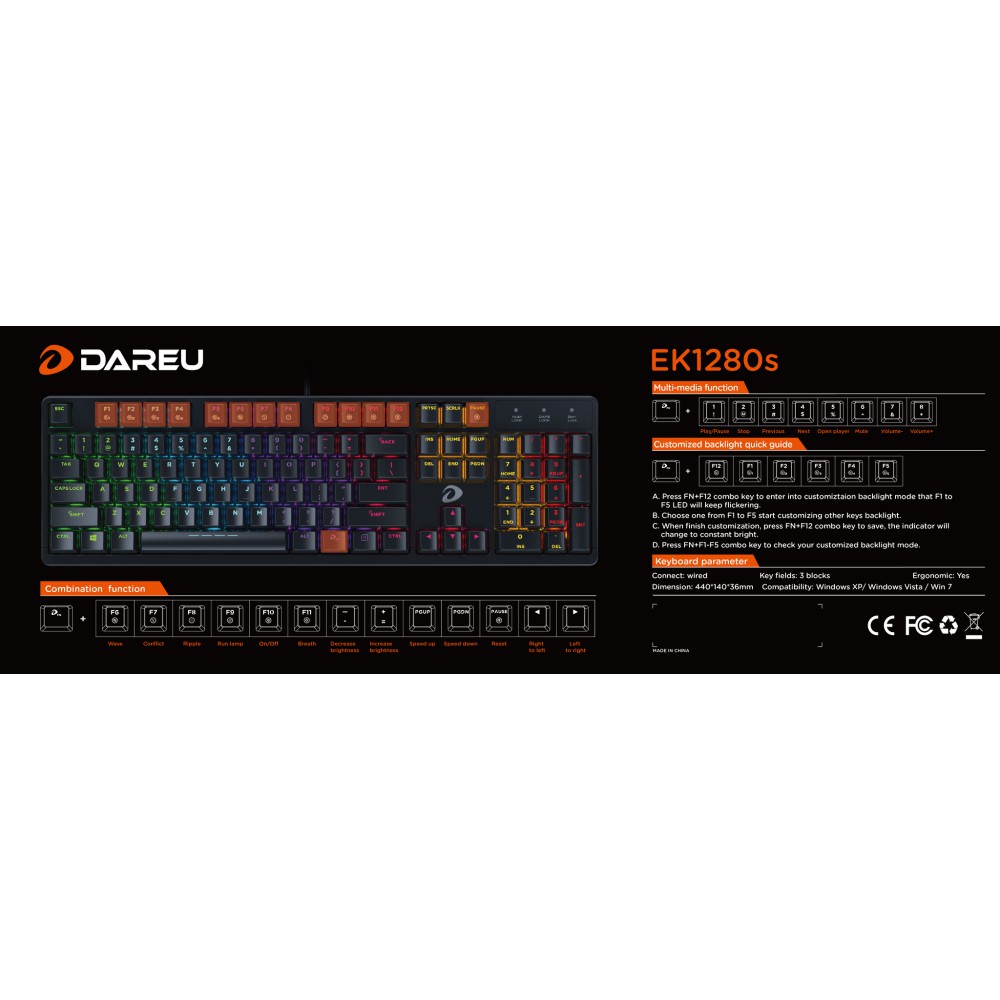 Bàn phím cơ Gaming DAREU EK1280s 104KEY Black (MULTI LED, Blue/ Brown/ Red D switch) - Bảo hành 24 tháng