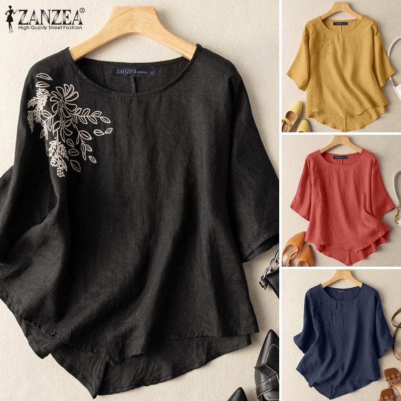 Áo thun ZANZEA cho nữ cổ tròn tay lửng màu trơn phong cách retro