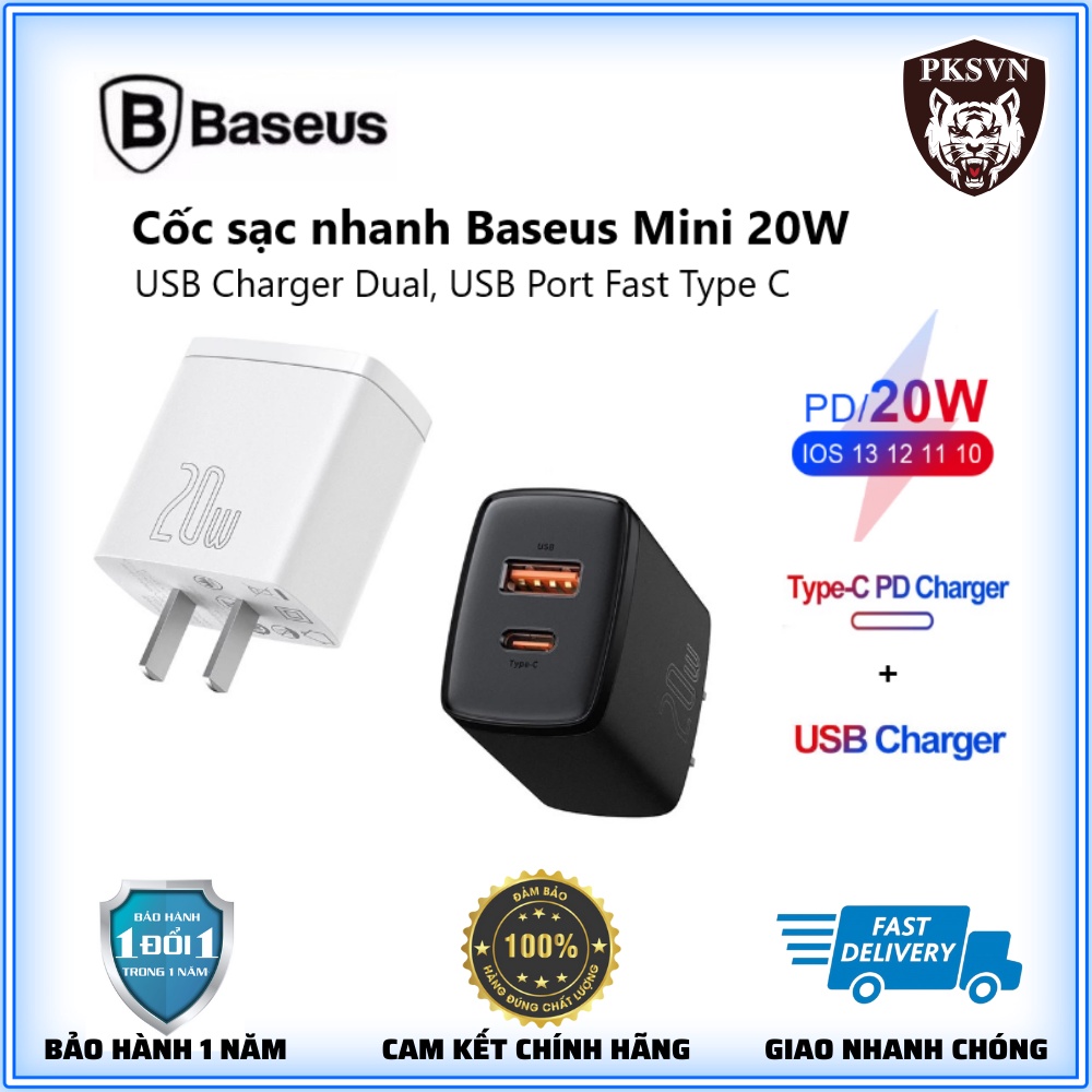 Củ Sạc Nhanh 20w Chính Hãng Baseus - Cốc Sạc Nhanh 2 cổng 20w Type C và USB sạc đầy 50% pin trong 30 phút - Bảo Hành 12T