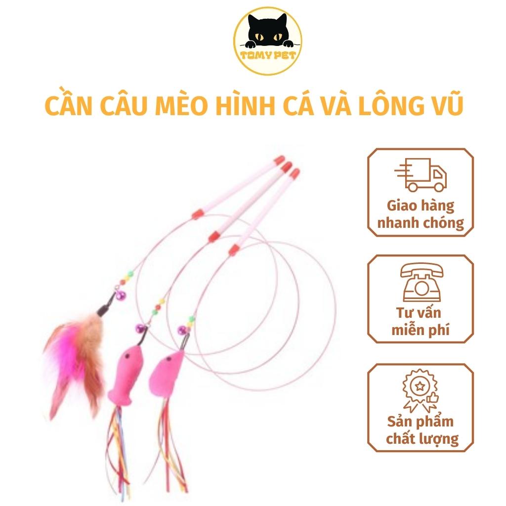 Cần câu mèo dây thép, đồ chơi cho mèo hình con cá bằng bông nỉ, cần câu mèo lông vũ - Tomy Pet