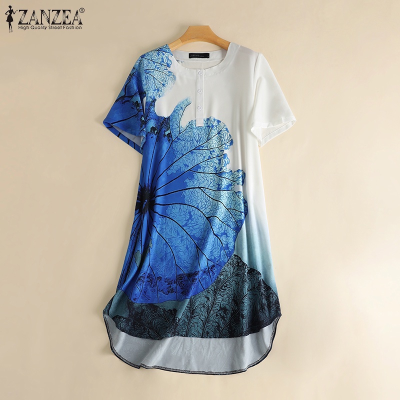 Đầm ZANZEA dáng chữ A tay ngắn cổ tròn thời trang sành điệu cho nữ