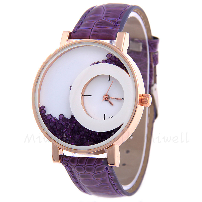 Double Dials Casual Women Watch, Fashion Rhinestone Leather Strap Quartz Wristwatch WH0386-38