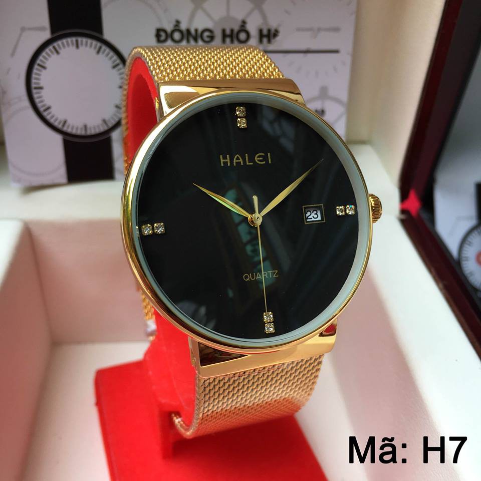 Đồng hồ nam nữ Halei dây thép lưới H688 mặt đen khung vàng cao cấp rất phong cách