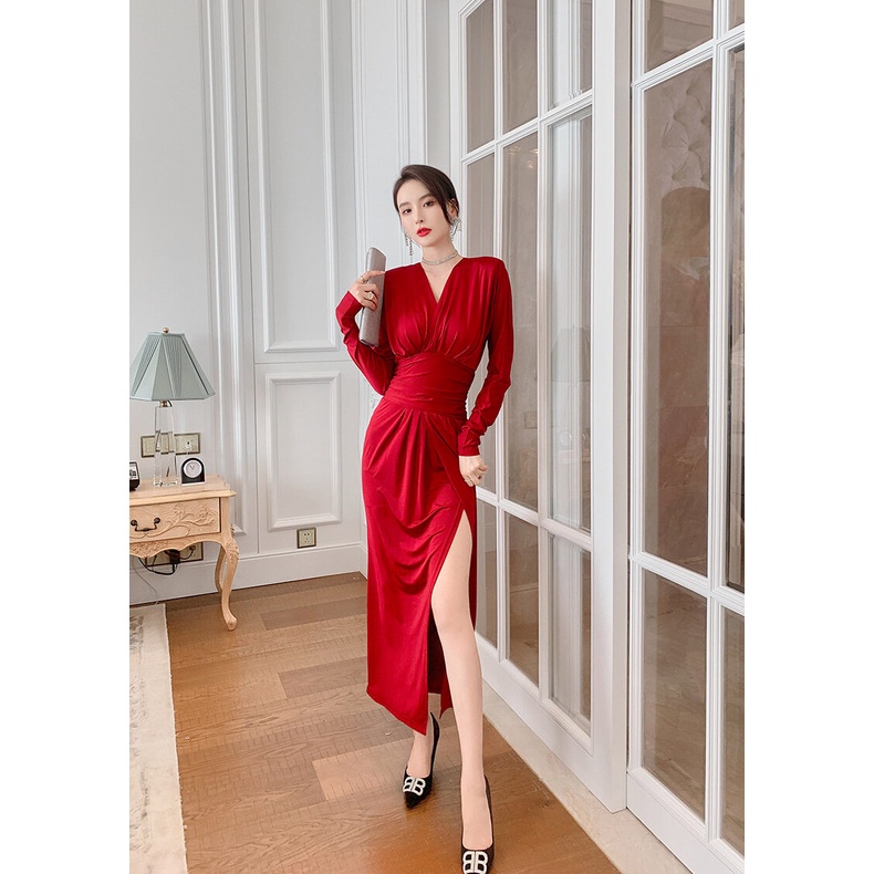 ZYHT Đầm Dài Tay Cổ Chữ V Màu Trơn Thời Trang Mùa Hè Cho Nữ váy dạ hội 5230