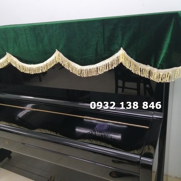 Khăn phủ đàn Piano nhung xanh rêu tua rua vàng óng sang trọng