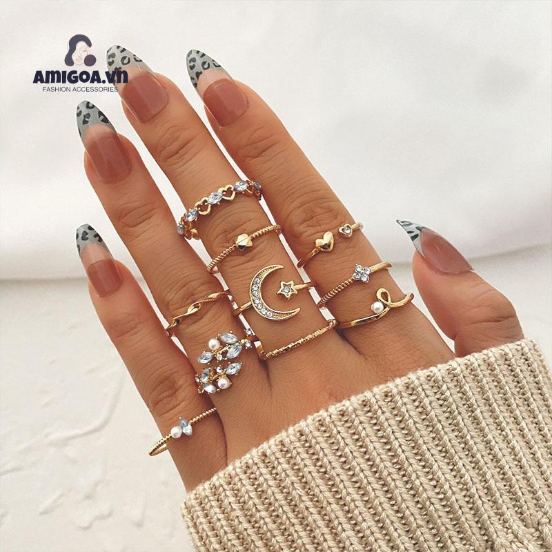 ✨✨set10 Nhẫn Đeo Tay Kim Loại Đính Đá Thời Trang Cho Nữ