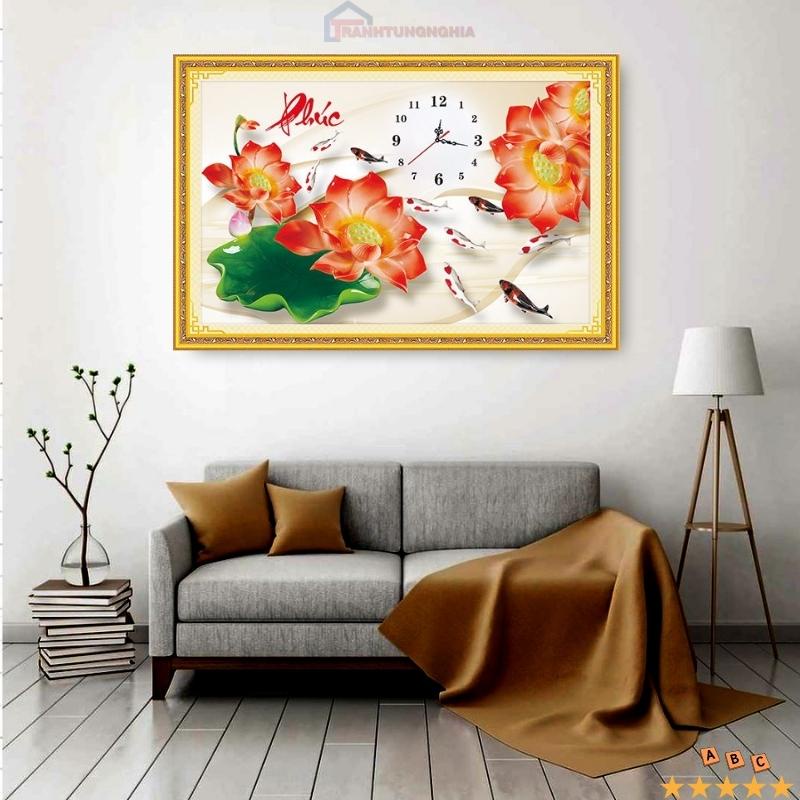 Tranh đính đá, tranh thêu chữ thập đồng hồ chữ phúc 75cm x 50cm