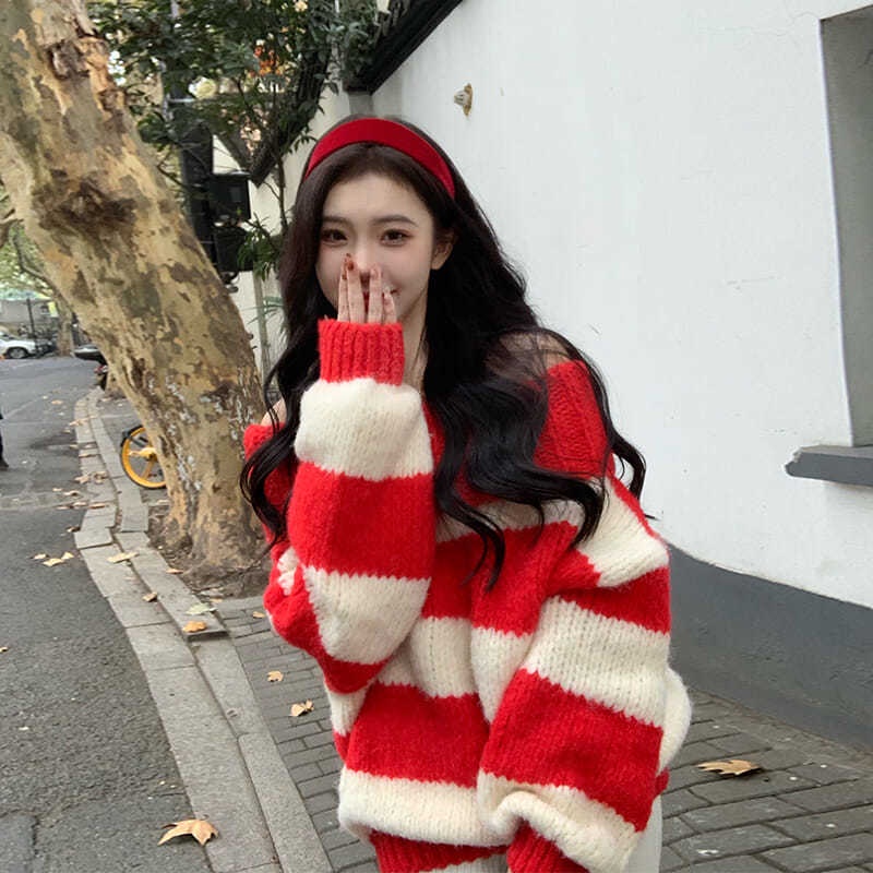 Áo Sweater Dệt Kim Màu Đỏ Mừng Năm Mới Thiết Kế Dễ Thương