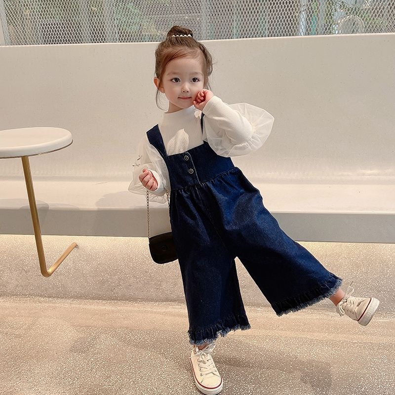 Quần Yếm Denim Ống Rộng Phong Cách Phương Tây Kiểu Dáng Mới Cho Bé Gái