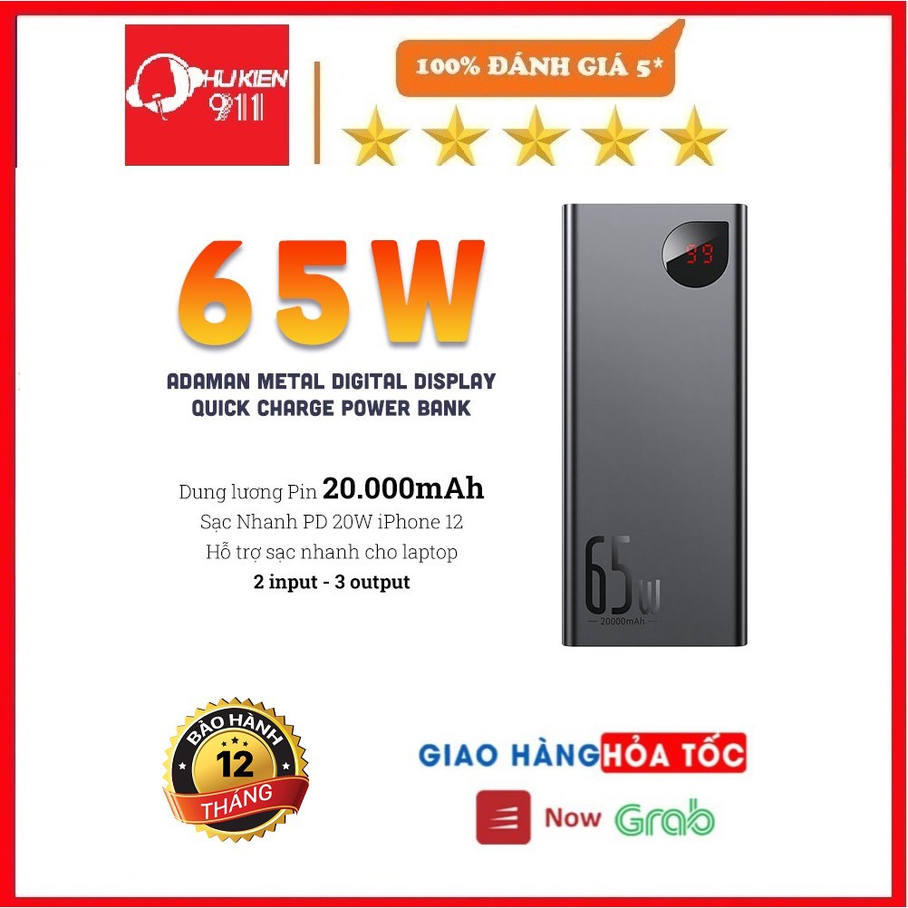 Pin sạc dự phòng công suất cao 65W 20.000mAh Baseus Adaman Metal Digital Display Quick Charge, chính hãng bảo hành 1 năm