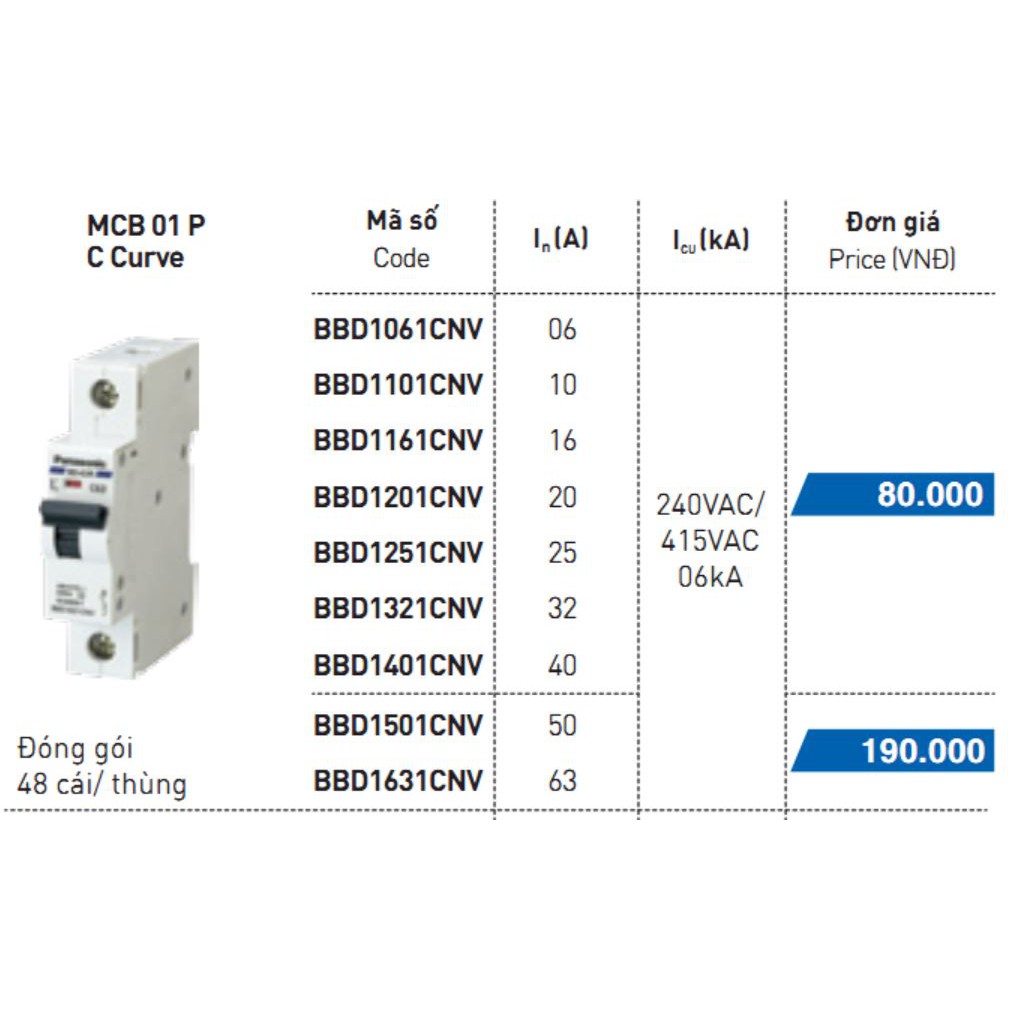 Cầu dao tự động Panasonic bảo vệ quá tải & ngắn mạch Át tô mát 1P 16A, 1P 20A, 1P 32A, 1P 40A, 1P 50A, 1P 63A