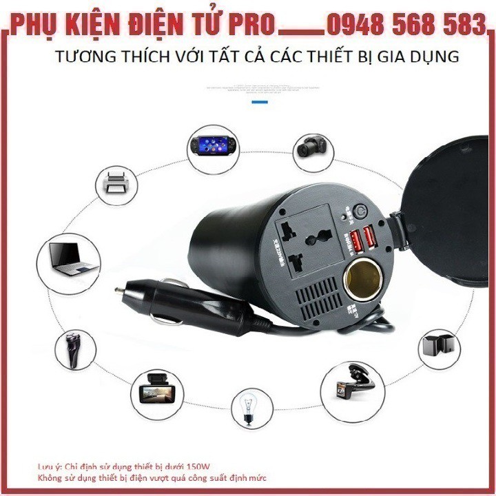 BỘ CHUYỂN NGUỒN ĐIỆN 12V RA 220V TRÊN XE Ô TÔ CAO CẤP 150W CN02 DÙNG CÁC THIẾT BỊ CẦM TAY TRONG GIA ĐÌNH TRÊN Ô TÔ