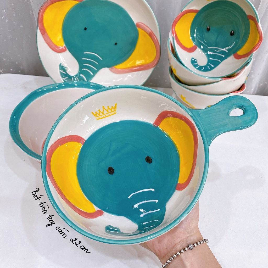 Bát Sứ Bát Ăn Cơm Bộ Bát Đĩa Decor Bộ Chén Dĩa Sứ vẽ tay họa tiết nổi sét voi xanh 7 món