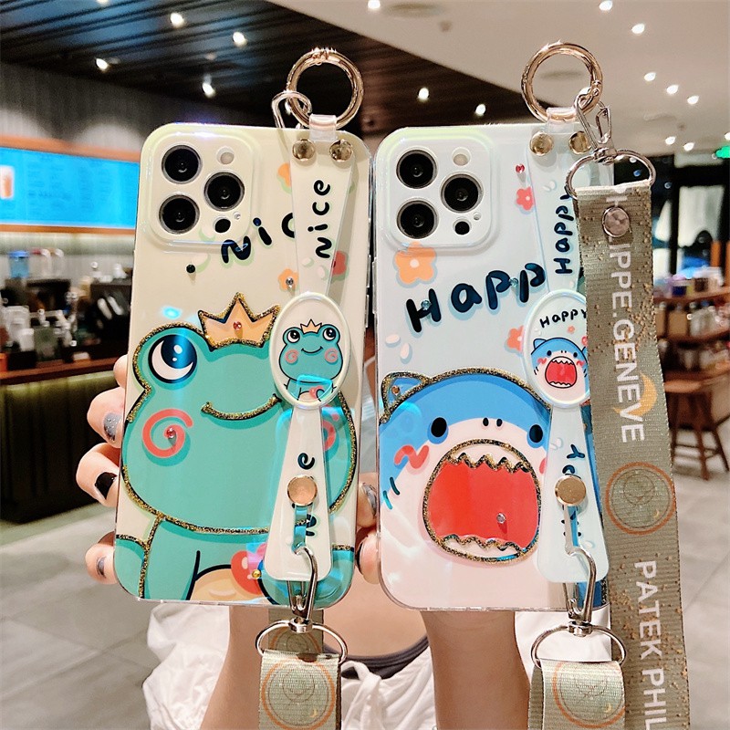 Ốp điện thoại in cá mập/ ếch gắn quai tay và dây đeo chống rơi thích hợp cho Iphone 12/12pro/12pro Max 7/8/7plus/8plus