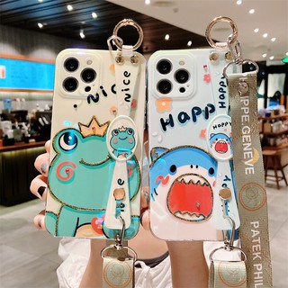 Ốp điện thoại in cá mập/ ếch gắn quai tay và dây đeo chống rơi thích hợp cho Iphone 12/12pro/12pro Max 7/8/7plus/8plus