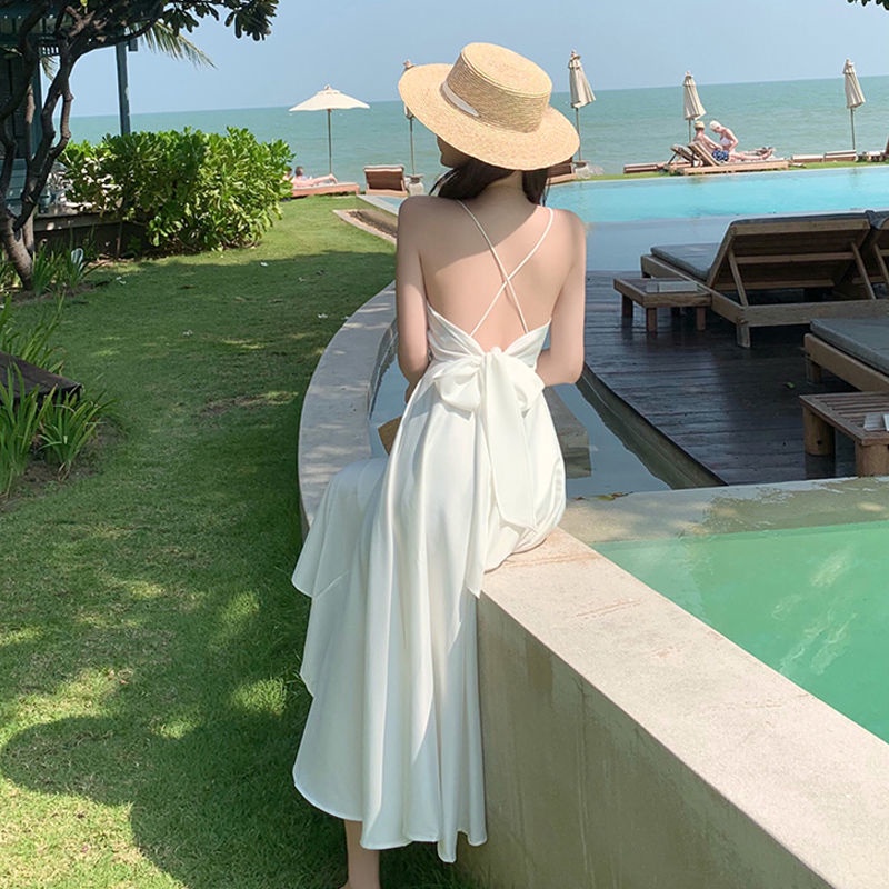 Đầm Hai Dây Dáng Dài Vải Satin Thời Trang Đi Biển Mùa Hè Quyến Rũ Cho Nữ