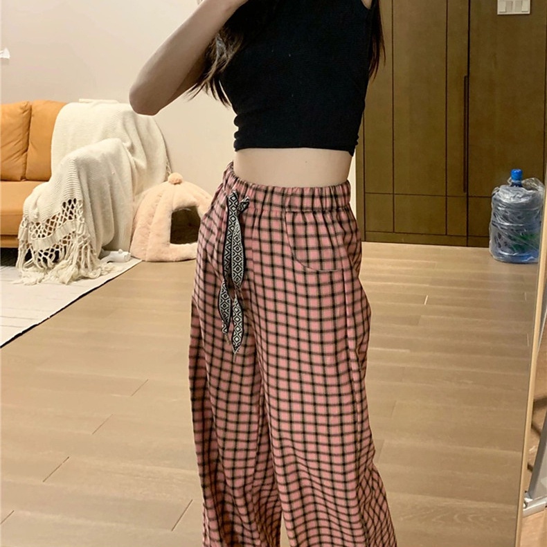 Quần dài SUXI lưng cao ống rộng họa tiết sọc caro thời trang mùa hè cho nữ