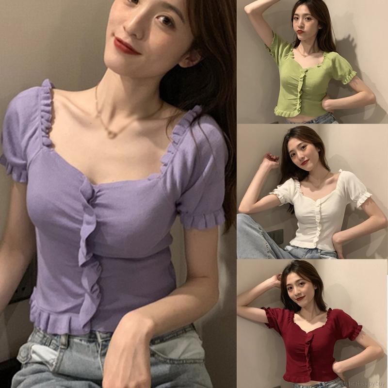 Áo Dệt Kim Nữ Tay Ngắn Cổ Chữ V Màu Trơn Gợi Cảm