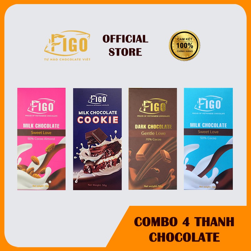 Combo 4 Hộp Chocolate gồm Dark 70% Cacao + Milk 50% Cacao nhân Hạnh nhân+ Không nhân+ Milk Cookie 50gr đắng nhẹ Figo