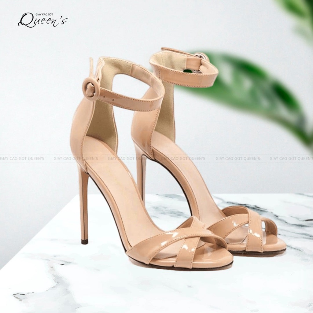 Giày Sandal Cao Gót Chéo Trước Lưng Cao Màu Nude Da Bóng Gót Nhọn Mũi Nhọn Sang Trọng Cho Nữ Công Sở Dự Tiệc Cao 8-10cm