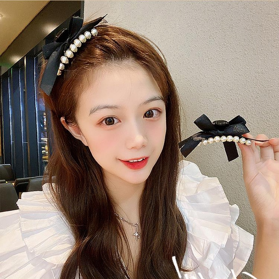 Haimeikang Kẹp tóc thắt nơ đính đá và ngọc trai nhân tạo phong cách Hàn Quốc cho nữ