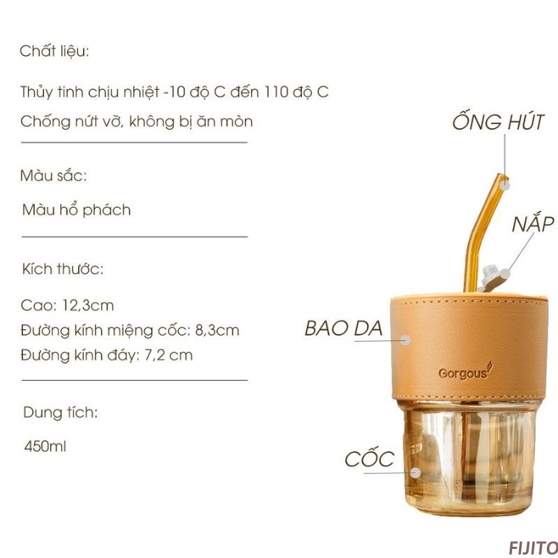 CỐC THUỶ TINH BỌC DA SANG CHẢNH - KÈM ỐNG HÚT THUỶ TINH - 450ML