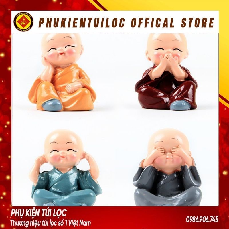 [Tặng 4 Miếng Dính 10K] Bộ Tượng Chú Tiểu Hòa Thượng Tứ Không - Phật Phong Thủy Mini 4 Tư Thế, Trang Trí Xe Hơi, Để Bàn