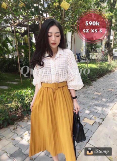 Chân váy dập li kèm đai vuông hàng QC