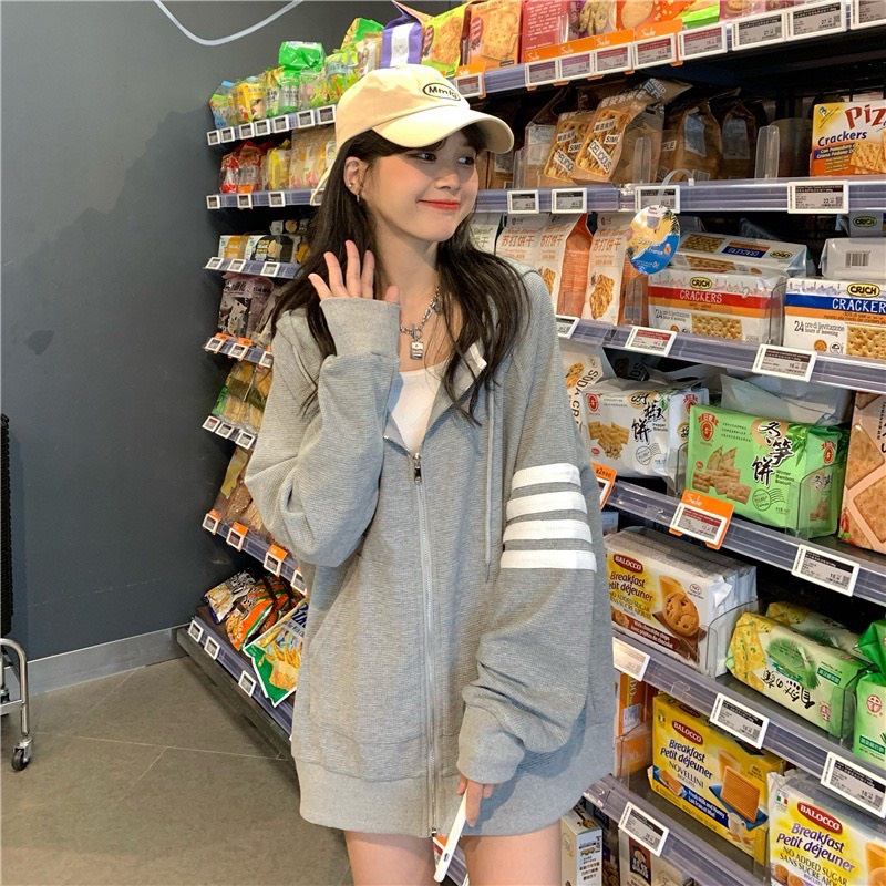 Áo Khoác Nữ Oversize Dài Tay Có Mũ - Hoodie Form Rộng Khoá Kéo Len Xốp Tổ Ong