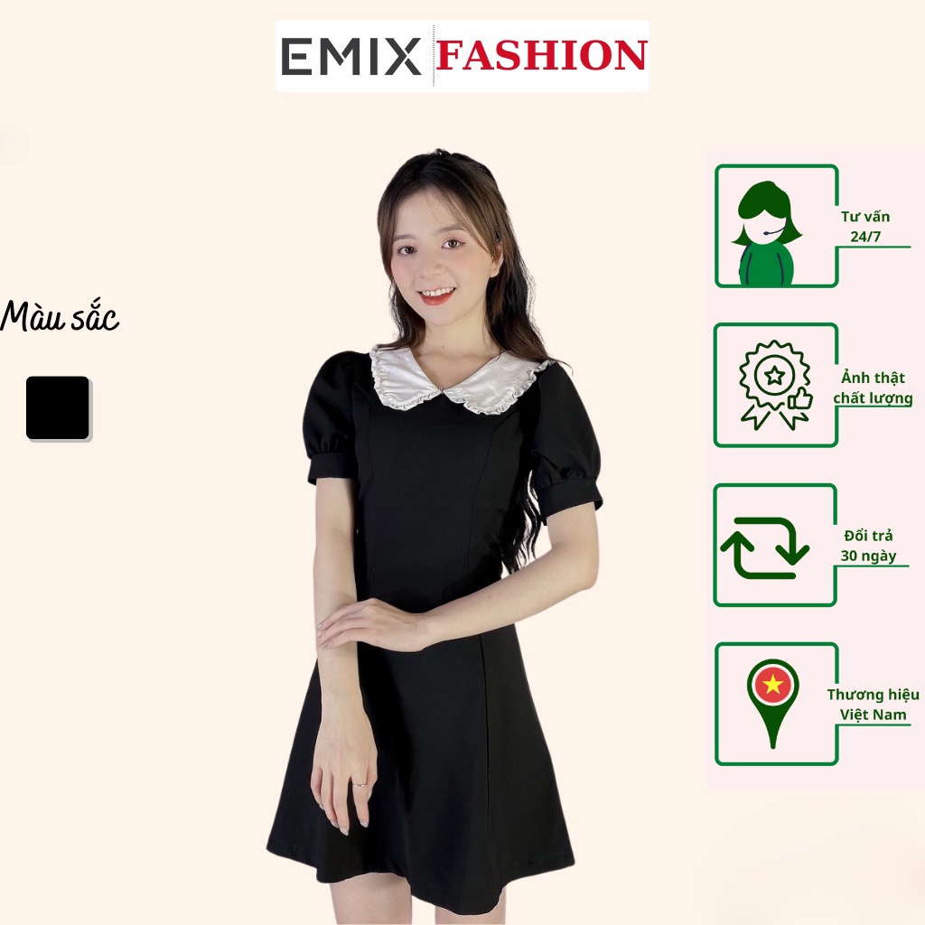 Váy nữ chữ A cổ bèo trắng EMIX (màu đen), cộc tay, tay bồng, dài 85cm, chất trượt hàn mềm mịn không lộ