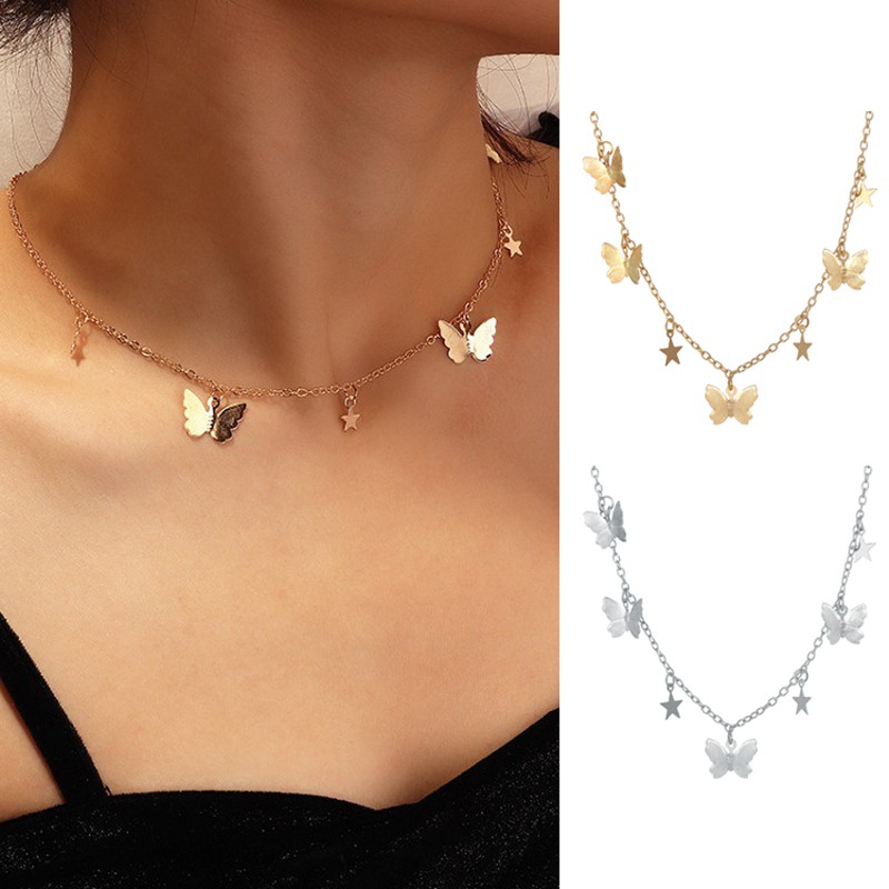 Vòng cổ choker gắn hình bướm màu vàng/bạc thời trang Hàn Quốc cho nữ
